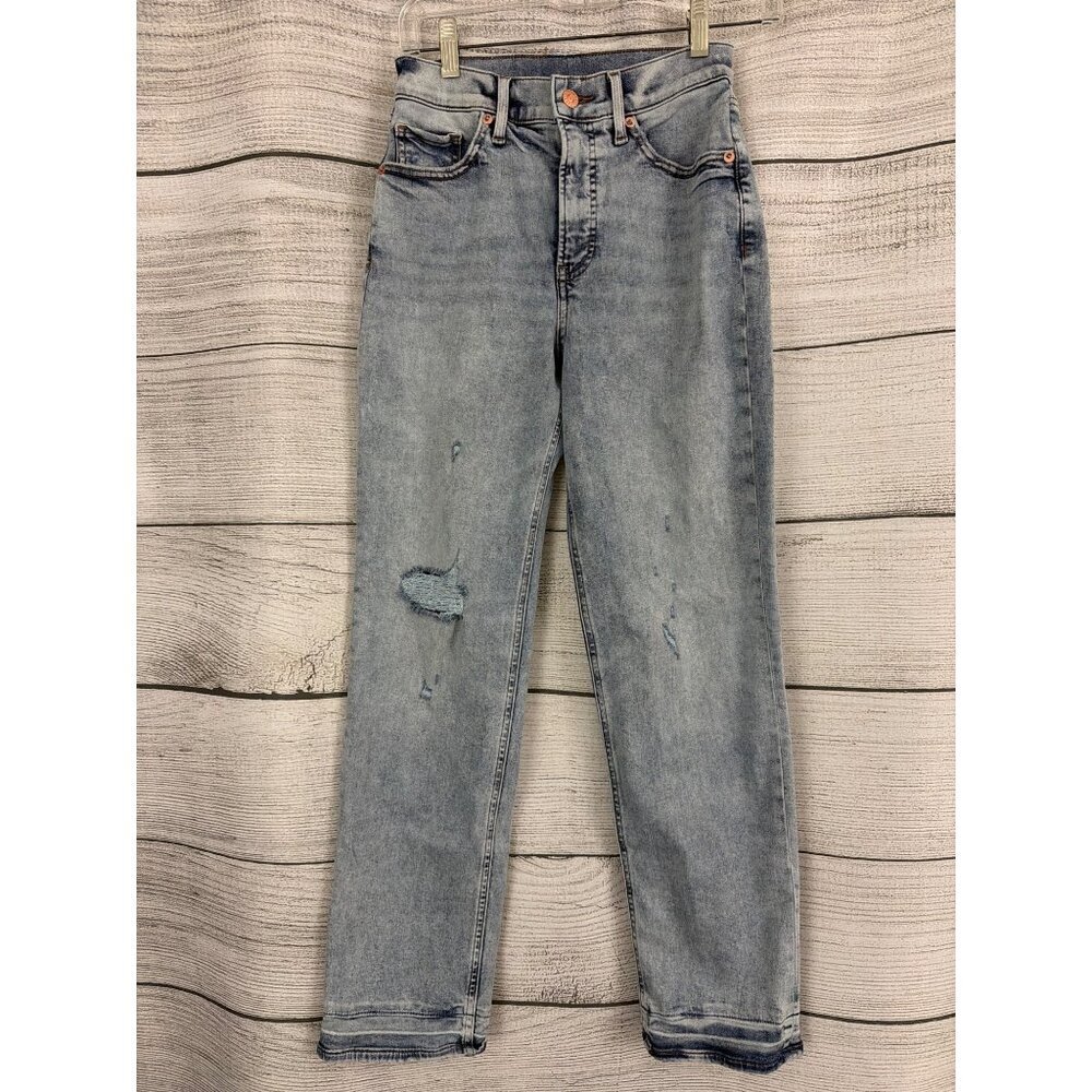 Express High-Rise Modern Straight Jeans Light Wash Distressed 2R